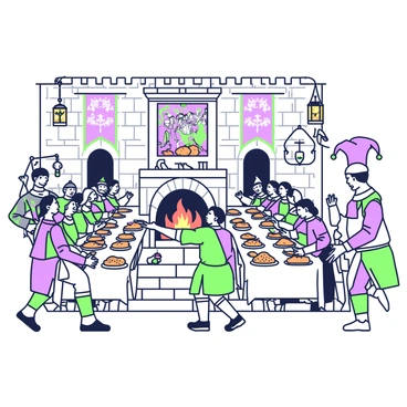 A medieval castle interior is bustling with activity during a feast. Long wooden tables are laden with roasted meats, loaves of bread, and bowls of fresh fruits. At the center of the hall, there is a grand fireplace with a roaring fire. Guests wearing vibrant tunics and dresses are seated, laughing and enjoying their meals. In the foreground, two jesters dressed in colorful attire are performing acrobatics and juggling, capturing the attention of the diners. Tapestries depicting historic battles adorn the stone walls, and lanterns hanging from the ceiling cast warm light over the scene. A bard with a lute can be seen in the corner, providing cheerful music for the festivities.