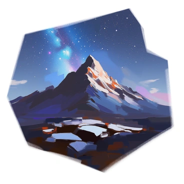 A dramatic landscape featuring silhouettes of rugged mountains against a starry night sky. The peaks are sharply defined, creating a striking contrast with the deep blue and black hues of the sky. Countless stars twinkle brightly, scattered across the vast expanse, while a faint hint of the Milky Way can be discerned stretching across the scene. The ground is shadowed, emphasizing the towering mountains in the background.