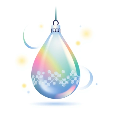 A beautifully crafted glass teardrop ornament is suspended in mid-air, catching the light at different angles. The ornament features intricate details on its surface, highlighting its craftsmanship. Various colors are reflected around it, creating a dazzling spectrum of light. The background is softly blurred, emphasizing the vibrant reflections and the polished surface of the ornament. Hints of a soft glow illuminate its edges, enhancing its delicate appearance.