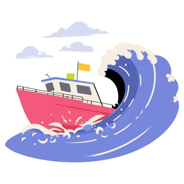 A small fishing boat with a bright red hull is positioned on top of a towering blue tsunami wave. The wave is dramatically curling over, with white frothy foam at the crest. The boat has a single yellow flag flying from its mast, and there are fishing nets visible in the boat's small deck. The scene captures the intensity of the moment, with splashes of water around the boat as it rides the wave. The sky above is a mix of dark storm clouds and hints of sunlight breaking through.
