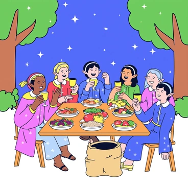 A group of elves gathered around a large, wooden table filled with a variety of dishes. The table is adorned with colorful fruit platters, roasted vegetables, and steaming bowls of grains. Each elf is dressed in elegant, flowing garments with intricate patterns. They are laughing and sharing stories, some raising goblets filled with a golden drink. Above them, the night sky is filled with twinkling stars, casting a soft glow over the scene. Lush greenery surrounds the gathering, with tall trees providing a natural canopy.