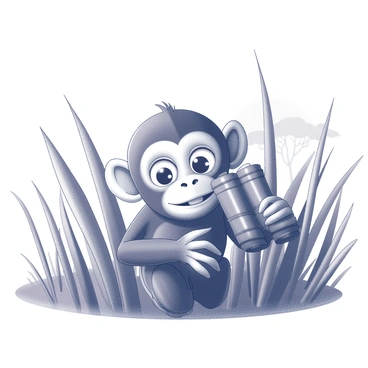 A monkey face is peeking out from a patch of tall grass. The monkey has bright eyes and a playful expression, with its ears prominently visible. In its hands, it is holding a pair of binoculars, which are raised to its eyes as it surveys the surroundings. The tall grass surrounds the monkey, creating a natural frame and adding depth to the scene. The safari environment is evident, with hints of distant trees and shrubs in the background.