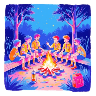 A group of young scouts is gathered around a campfire, sitting on logs and the ground. The flames of the campfire flicker brightly, casting warm light on their faces. Each scout has a unique expression of excitement and intrigue as they listen to the stories being shared. Several scouts are wearing colorful uniforms adorned with badges, while one is animatedly gesturing with their hands as they recount a tale of heroism. The surrounding trees are tall and dense with leaves, and the night sky is dotted with stars. A couple of backpacks and a lantern are placed nearby, adding to the camping atmosphere.