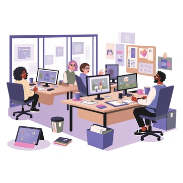 Inside a London animation studio, a diverse group of animators is actively working on a new project. The studio features large windows allowing natural light to flood in, illuminating various workstations filled with computer screens displaying colorful animations. One animator, a woman with curly black hair, is sitting at her desk, focused on her screen as she draws character designs. Another animator, a man with glasses and a beard, is collaborating with a colleague; they are discussing a storyboard pinned on a corkboard behind them. The room has various art supplies scattered around, including sketchbooks, colored pencils, and coffee cups. In one corner, a large digital tablet is set up, displaying a vibrant animation reel. On the walls, there are posters of famous animated films and character designs, adding to the creative atmosphere of the studio.