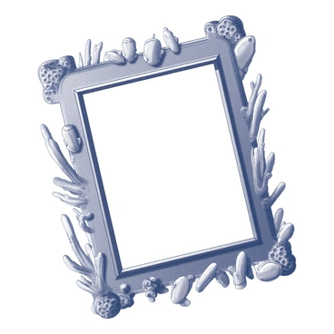 A decorative frame designed with an underwater theme. The frame is intricately adorned with various types of coral structures, featuring detailed textures and patterns. Surrounding the edges are motifs of fish in varying sizes, some swimming upward while others are positioned facing sideways. In the center of the frame, there is a rectangular space designed to hold a diving photo, which contrasts with the elaborate coral and fish designs that encircle it.