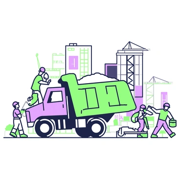 A construction truck is positioned at a bustling building site, with its hydraulic bed raised as it dumps a load of gravel onto the ground. The truck is painted in a design with angular shapes and outlined in green and purple. Surrounding the truck, several construction workers are actively engaged in various tasks, one of them directing the truck while others carry materials. In the background, a partially constructed building stands tall, with scaffolding and cranes visible, and construction equipment and stacks of building materials are scattered throughout the site. The scene conveys a sense of activity and productivity.