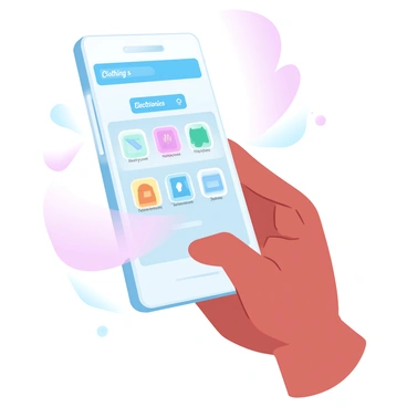 A smartphone displaying the homepage of a shopping app is centered in the image. The screen is filled with colorful icons representing various product categories such as "Clothing," "Electronics," "Home Goods," "Beauty Products," and "Toys." Each icon is distinctively designed with appealing visuals to attract attention. The background of the app features a soft gradient of pastel colors, enhancing the vibrancy of the product categories. Subtle shadows cast by the smartphone add depth to the composition. A hand is reaching towards the screen, poised to select a category.