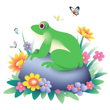 A large green bullfrog is perched on a large rock surrounded by a vibrant array of flowers in various colors. The flowers include bright pink daisies, sunny yellow sunflowers, and deep purple petunias. Colorful insects, such as delicate butterflies with orange and black wings and small dragonflies with iridescent bodies, flit among the blossoms. The bullfrog’s smooth skin glistens in the sunlight, and its wide, round eyes are focused on its surroundings. The scene is filled with the lush greenery of leaves, creating a lively and dynamic atmosphere.