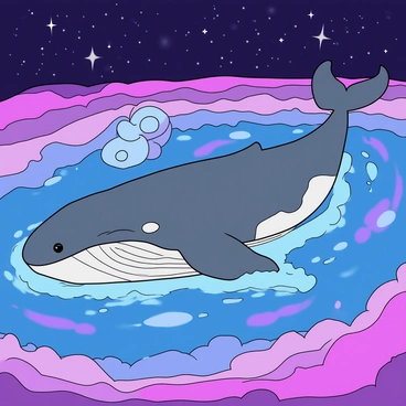 A giant whale gracefully swimming through a colorful cosmic ocean