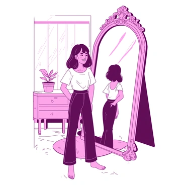 A person with dark hair is standing in front of a large, ornate mirror. The person is dressed in a stylish outfit, with their posture reflecting confidence. Their self-assured smile reveals a sense of satisfaction. The mirror's frame is intricately designed, with elegant patterns and details. The background shows a softly lit room, with a few decorative elements like a small potted plant on a table and a cozy rug on the floor.