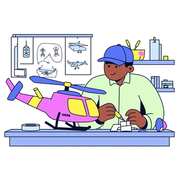 A hobbyist adjusting the blades of a colorful remote control helicopter. The helicopter has bright red, blue, and yellow colors on its body. The workbench is cluttered with various tools, including a small screwdriver and pliers. There is a roll of electric tape and a notebook with sketches of helicopter designs. The background features a wall with hanging tools and shelves filled with hobby supplies. The hobbyist is focused and wears a blue baseball cap and a light green shirt.