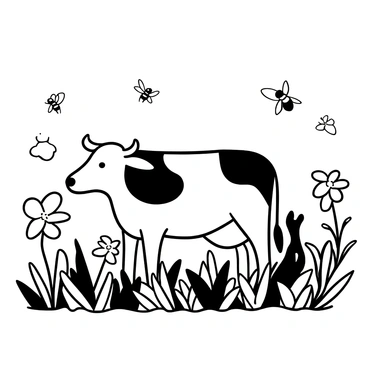 A cow standing in a lush meadow, surrounded by an array of flowers. Buzzing bees are actively flying around, with some landing on the flowers to collect nectar. The scene captures the tranquility of nature, with various types of flowers in full bloom, creating a vibrant and lively atmosphere. The cow is grazing peacefully amid the activity of the bees, embodying the harmony of rural life.