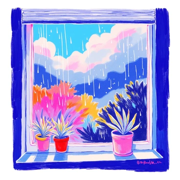 A view from a house window shows dark, swirling clouds in the sky, indicating a stormy atmosphere. The clouds are thick and varied in shades of gray and blue, creating a dramatic effect. Raindrops can be seen streaking down the glass of the window, creating a blurred view of the outside. In the foreground, the window frame is painted white, and there are potted plants on the windowsill, slightly swaying from the wind. Outside, the outlines of trees are visible against the stormy sky, their leaves rustling. The overall scene conveys a sense of the intense weather conditions caused by the occluded front.
