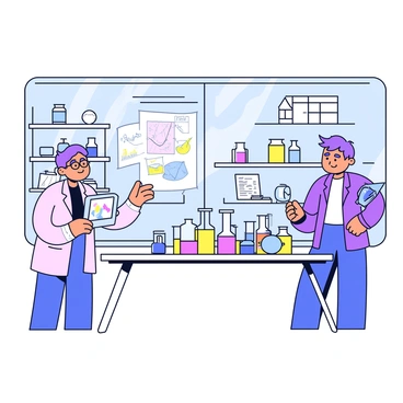 A high-tech laboratory with sleek, modern design featuring large glass windows. Inside, two scientists are standing at a white table covered in various colorful beakers and test tubes filled with liquids. One scientist, wearing glasses and a lab coat, is pointing at a digital tablet displaying complex graphs. The other scientist, with short hair and also in a lab coat, is writing notes in a notebook. In the background, a large screen displays technical data and diagrams. The walls are lined with shelves filled with scientific equipment and books.
