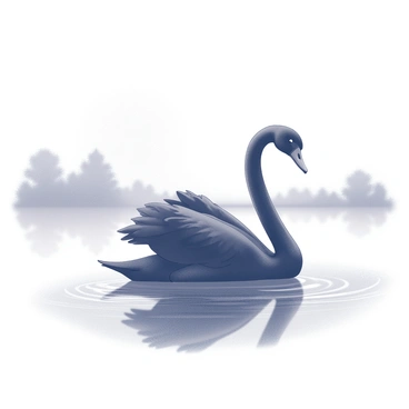 A black swan gliding gracefully across a misty swamp at dawn