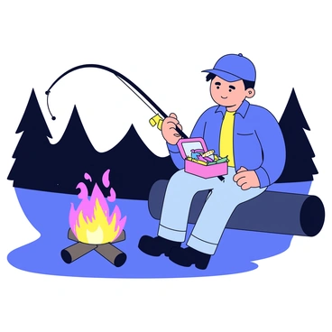 A fisherman sitting on a log beside a campfire. He has a fishing rod resting against the log and is looking down at a small, open tackle box. Inside the tackle box are various bait items, including colorful lures and worms. The flames of the campfire flicker and emit a warm glow, casting light on the fisherman's focused expression. The background features silhouettes of trees against a darkening sky.