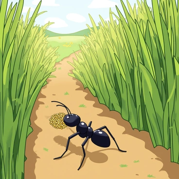 A tiny ant with a shiny black body is seen diligently carrying a small grain of wheat. The ant is positioned in the center of a bright, sunny field filled with tall green grass. Sunlight filters through the leaves, creating playful shadows on the ground. In the background, there are scattered patches of yellow flowers dotting the landscape. The grain of wheat is held tightly in the ant's mandibles as it makes its way along a narrow dirt path, leaving tiny footprints in the soil.