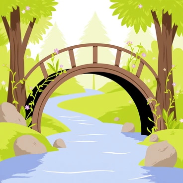 A wooden bridge arches gracefully over a clear stream, with water gently flowing beneath it. The bridge is made of dark brown wood, showcasing detailed grain patterns. Along the sides of the bridge, green vines and colorful wildflowers are climbing, adding vibrancy to the scene. The stream reflects the surrounding lush greenery and the dappled sunlight filtering through the tree canopy. In the background, tall trees with thick trunks and dense foliage create a sense of depth, inviting viewers to imagine what lies deeper in the forest.