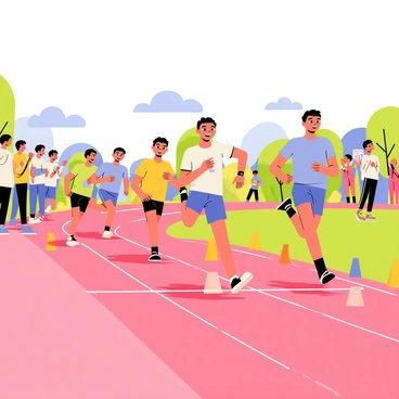 A group of students in colorful athletic uniforms competing in a sprint on a running track during a school sports day. The students are positioned at the starting line, showing determination and focus on their faces. Spectators cheer in the background, waving banners and clapping. Brightly colored cones mark the sidelines, and a blue sky can be seen overhead, enhancing the lively atmosphere. Some students are mid-stride, capturing the energy of the race, while others are just about to take off.