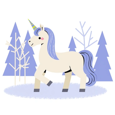 A unicorn with a shimmering, icy blue mane stands in a snowy wonderland. The unicorn has a white coat that sparkles under the sunlight, and its spiraled horn glows with a soft, iridescent light. Surrounding the unicorn are snow-covered trees with frost-covered branches. The ground is blanketed in thick, fluffy snow, reflecting a bright, clear sky. There are subtle glimmers of light catching the snowflakes as they fall gently from the sky.