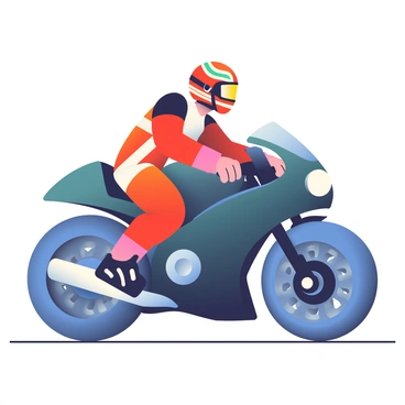 An action figure of a motorbike racer with a detailed helmet and goggles is positioned on a sleek, shiny motorcycle. The racer is wearing a bright red racing suit adorned with white and black stripes and protective padding. The motorcycle features a streamlined design with a glossy black body and silver accents. The wheels are large and feature intricate treads, emphasizing its racing capabilities. The background is blurred to focus attention on the racer and the bike, highlighting their dynamic posture as if ready to speed off.
