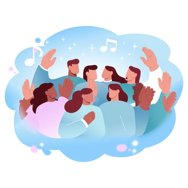 A diverse group of choir members is gathered together, each person wearing a distinct colored robe. They are standing close together in a semi-circle, with their hands gracefully raised as they sing. The backdrop features a deep blue starry sky filled with twinkling stars, providing a contrast to the vibrant colors of the robes. In the foreground, a few musical notes can be seen floating upwards, symbolizing their harmonious voices. The atmosphere is lively and filled with the spirit of music.