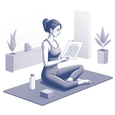 A person sitting comfortably on a yoga mat, engaged in solving a crossword puzzle. They are wearing relaxed athletic clothing, with an expression of focus on their face. The studio is furnished with soft lighting and has a few plants placed around, creating a calm atmosphere. A yoga block and a water bottle are nearby, indicating the recent yoga session. The crossword puzzle is held in one hand, while a pencil rests in the other hand, ready for use.