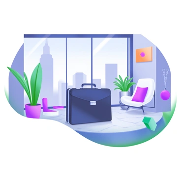 A modern pastel illustration of a sleek black briefcase positioned elegantly on a polished marble floor in the lobby of a modern high-rise building. The lobby features large glass windows that allow natural light to flood the space, casting soft reflections. Surrounding the briefcase are minimalist plants in stylish pots and contemporary seating arrangements with cushions. The walls are adorned with abstract art pieces that enhance the modern aesthetic of the environment.