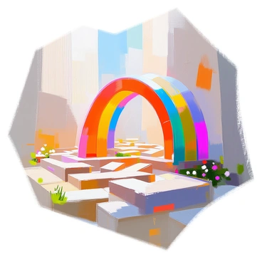 A colorful maze constructed from vibrant, twisting paths and arches, each section adorned with a spectrum of hues that blend seamlessly into one another. The walls of the maze rise high, forming intricate patterns and designs, while the ground is scattered with soft grass and small flowers that add to the lively atmosphere. Sunlight filters through, casting playful shadows on the paths, inviting adventurers to explore the enchanting twists and turns of the rainbow maze.