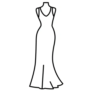 A sleek minimalist bridal dress, designed with clean lines and a fitted silhouette, is displayed on a simple mannequin. The dress features a high neckline and delicate, flowing fabric that cascades down to the floor. The background is stark white, emphasizing the elegance and simplicity of the dress design.