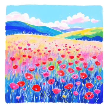 An open field is filled with a blanket of "wild red poppies" swaying gently in the breeze. The flowers bloom vibrantly, their petals catching the sunlight and creating a sea of red. The background features a clear blue sky with a few fluffy white clouds drifting overhead. In the distance, gentle green hills rise, adding depth to the scene. The grass beneath the poppies is a rich green, complementing the bright colors of the flowers. A soft wind creates a rhythmic motion among the blooms, enhancing the lively atmosphere of the field.
