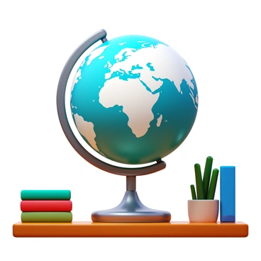 A creatively designed lamp with a globe-shaped lampshade. The globe is adorned with detailed maps and geographical markings, showcasing various countries and continents. The base of the lamp is sleek and modern, made of polished metal with a circular stand. Light emanates softly from the globe, casting a warm glow that highlights the intricate details of the map. The lamp is positioned on a wooden desk, surrounded by books and a small plant.