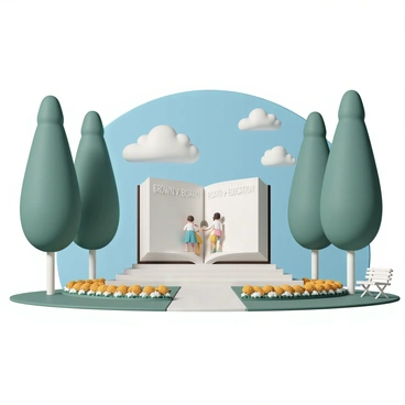 A large monument, shaped like an open book, with "Brown v. Board of Education" engraved on the front cover, stands prominently in a peaceful park. The monument is made of polished granite and features sculptures of diverse children holding hands, symbolizing unity and equality. Surrounding the monument, there are well-maintained flower beds with bright blooming flowers, and a pathway leading up to it made of smooth stone. Tall trees provide shade, with a clear blue sky above, and a few fluffy white clouds scattered throughout. Nearby, a small bench invites visitors to sit and reflect on the significance of the monument.