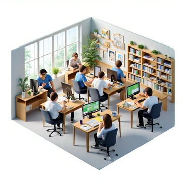 A bustling illustration agency office with multiple artists engaged in their work at individual desks. Each artist has a computer setup, with digital drawing tablets and sketches spread out around them. There are shelves filled with art supplies, books, and reference materials in the background. The room is brightly lit with large windows allowing natural light to flood in. Some artists are focused on their screens, while others are discussing ideas or collaborating on projects. The atmosphere is lively and creative, with various art styles visible in the artists' workstations.