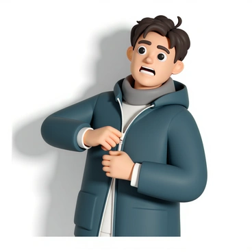 A person struggling with a stuck zipper on a jacket