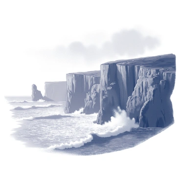 Steep coastal cliffs rise sharply above the crashing waves of a turbulent sea. The cliffs are rugged and jagged, with protruding rocks and sparse vegetation clinging to their edges. The ocean below is filled with frothy whitecaps, creating a dynamic scene as the water collides with the cliff faces. Above, a cloudy sky looms, adding to the dramatic atmosphere of the coastal landscape.