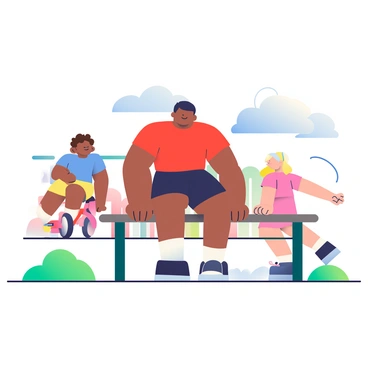 A parent with medium skin and short black hair is performing chest dips at a park. The parent is wearing a bright red t-shirt and black athletic shorts. Their arms are firmly gripping the edge of a sturdy wooden bench as they engage in the exercise. Surrounding them are two children playing; one child is a boy with curly brown hair wearing a blue t-shirt and yellow shorts, riding a small red bicycle. The other child is a girl with long blonde hair tied in a ponytail, wearing a pink dress and jumping rope. There are patches of green grass and a few colorful playground structures in the background. A bright blue sky with fluffy white clouds completes the scene.