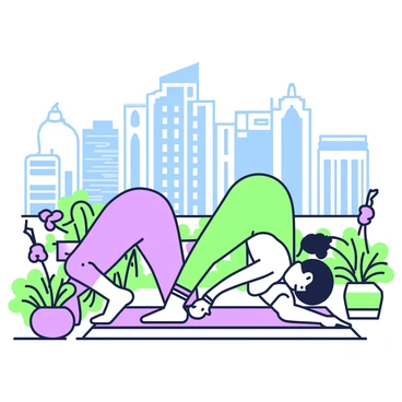 A person is performing the cat-cow stretch on a rooftop garden surrounded by various plants and flowers. They are wearing athletic clothing, with their hair tied back. The individual is positioned on a yoga mat, arching their back while looking up towards the sky, and then rounding their back while tucking their chin. In the background, a city skyline is visible, with several tall buildings, a mix of glass and concrete structures, under a blue sky. The rooftop is decorated with potted plants, creating a serene environment amidst the urban setting.
