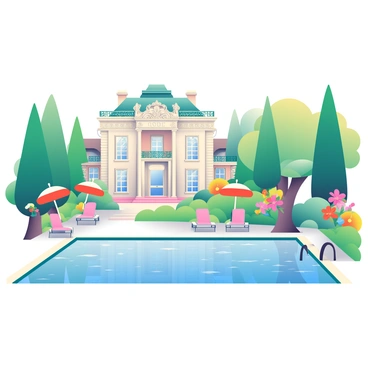 An opulent mansion with a grand facade and large windows is positioned prominently in the scene. The mansion is adorned with intricate architectural details, including elegant columns and ornate balconies. Surrounding the mansion are expansive gardens filled with vibrant flowers in various colors, meticulously trimmed hedges, and towering trees providing shade. A large, sparkling swimming pool is situated to the side, reflecting the sun in its clear blue water. Lounge chairs with plush cushions are arranged around the pool, and a small patio area with umbrellas is nearby, creating an inviting outdoor space.
