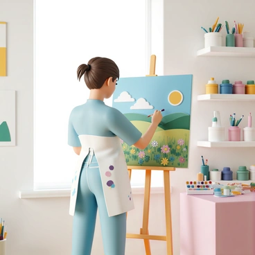 Marie, a woman with shoulder-length brown hair tied back, is standing in front of a large easel. She is wearing a white paint-splattered apron over a light blue shirt and jeans. She is focused on painting a vibrant landscape on a canvas, featuring rolling hills, a bright blue sky, and colorful wildflowers in the foreground. Sunlight streams through a large window, illuminating the studio filled with various art supplies and a palette of colors. In the background, there are shelves lined with brushes and tubes of paint, enhancing the creative atmosphere.