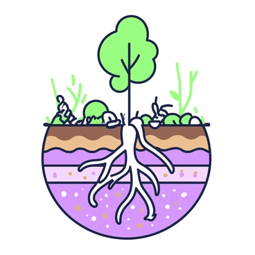 A detailed illustration of a tree's root system underground. The roots of the tree extend in various directions, showcasing their complex structure. Surrounding the roots is an array of soil layers, each represented with distinct characteristics. The uppermost layer is rich in organic matter, while deeper layers are shown with varying textures and colors. Some roots intertwine with small rocks and decomposing materials, illustrating their interaction with the soil. Tiny soil organisms, such as worms, are visible among the roots, highlighting the ecosystem's activity.