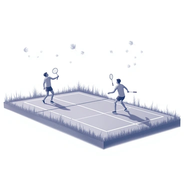 A badminton court set up in an open field, surrounded by tall grass gently swaying in the wind. Two players are engaged in a game, one poised to serve while the other stands ready to receive. The players are wearing athletic attire, with the wind causing their clothes to billow slightly. Several badminton birdies are caught in the breeze, swirling and soaring through the air at unpredictable angles. In the background, there are distant trees partially obscured by the movement of the wind, adding a sense of dynamic energy to the scene.