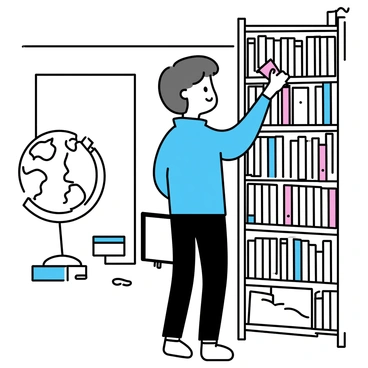 A person standing in a library, surrounded by towering bookshelves filled with a variety of books. The individual, wearing a blue shirt and dark jeans, is reaching up to a shelf, scanning the titles intently. The atmosphere is calm, with soft lighting illuminating the wooden shelves. A few scattered books are on the floor, and a large globe stands in the corner. The person has short hair and is holding a notebook in their other hand, ready to jot down any findings.