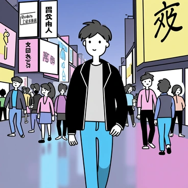 Ayanokoji, a young man with dark hair and a calm expression, is walking through a bustling city street. He is dressed in a stylish black jacket and jeans. The street is filled with people, some in casual attire and others in business clothes, creating a sense of activity. Bright neon lights in various colors illuminate the scene, reflecting off the wet pavement. In the background, there are tall buildings adorned with large digital billboards featuring advertisements. Ayanokoji appears focused as he navigates through the crowd.