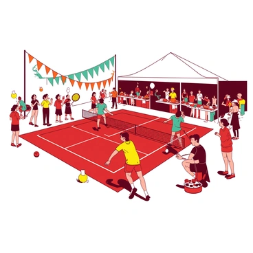 A red padel court is bustling with activity during a summer festival. Colorful decorations are hung around the court, including vibrant orange banners and teal streamers swaying in the gentle breeze. Players dressed in bright athletic wear are engaged in a lively match, their expressions filled with excitement and focus. Spectators are gathered around the court, some cheering while others hold colorful drinks. A large white tent nearby is filled with festival goers enjoying various snacks, creating a festive atmosphere.