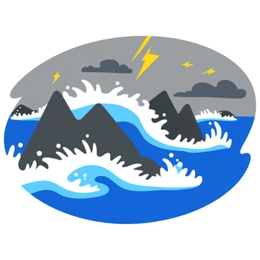 A dramatic scene featuring large ocean waves crashing against jagged rocks during a storm. The waves are depicted in shades of deep blue and white, showcasing their height and force as they surge forward. Dark gray clouds fill the sky, reflecting the intensity of the storm, while sporadic flashes of lightning illuminate the scene. The foam from the waves sprays into the air, creating a misty effect around the rocks. Each wave is captured mid-crash, emphasizing the dynamic motion and power of nature.