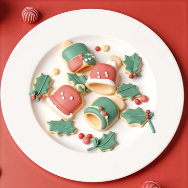 A white ceramic plate filled with holiday cookies shaped like "jingle bells". Each cookie is decorated with colorful icing in shades of red, green, and gold. The bells have small, edible silver or gold beads for added detail. Scattered around the plate are a few sprigs of holly and small red berries. The cookies are arranged neatly, and the plate is placed on a festive red tablecloth.