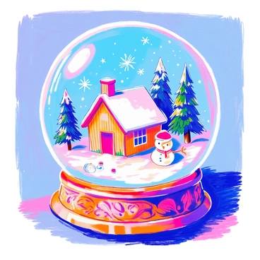 A snow globe features a miniature winter scene inside. Within the globe, there are small pine trees covered in white snow, and a cozy cabin with smoke rising from its chimney. A tiny snowman with a carrot nose is placed in front of the cabin. Delicate snowflakes are suspended in the globe, creating a snowy effect when shaken. The base of the snow globe is made of wood with intricate carved designs.