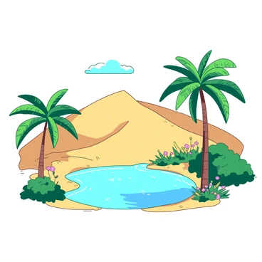 A duotone scene features a hidden oasis surrounded by golden sand dunes. In the center, there is a large, circular pool of "sparkling blue" water reflecting the clear sky. Lush greenery, including tall palm trees with "green" fronds, surrounds the oasis, creating a contrast against the sand. Colorful flowers bloom among the foliage, dotting the landscape with additional vibrancy. The sunlight casts gentle shadows on the soft sand, enhancing the serene atmosphere of this secluded paradise.