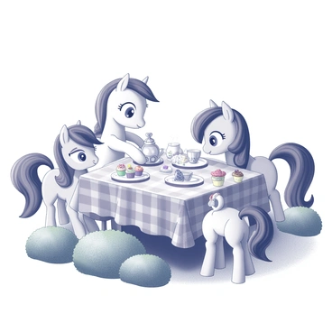 A small table set for a tea party in a whimsical garden setting. Various ponies are gathered around the table, each with distinct features. One pony has a flowing mane and is pouring tea from a delicate teapot into an ornate cup. Another pony is reaching for a plate filled with colorful treats, including cupcakes and pastries. The table is adorned with a checkered tablecloth and has small decorative items like flowers and a sugar bowl. Surrounding the scene are lush green bushes and a few trees, creating a playful atmosphere.